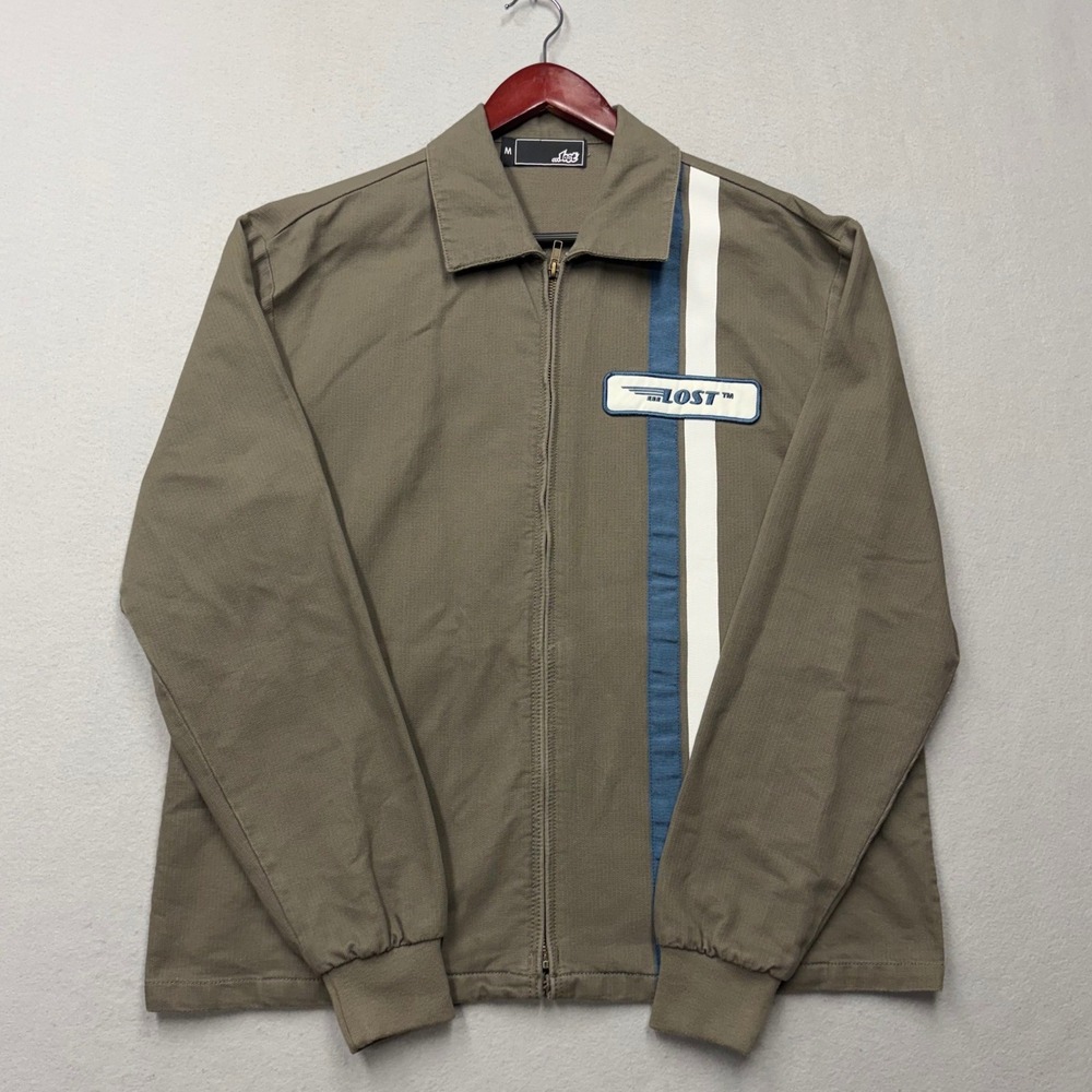 Lost Enterprises Jacket Men Medium Brown Y2K Racing Stripe Patch Full Zip Cotton